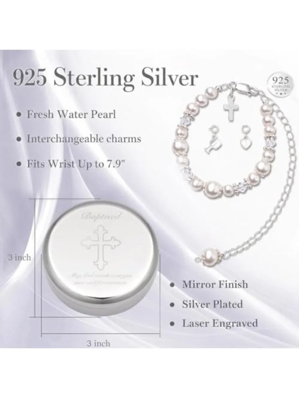 Sterling Silver Baptism Bracelet with Cultured Pearls & 3 Charms, Gift Boxed